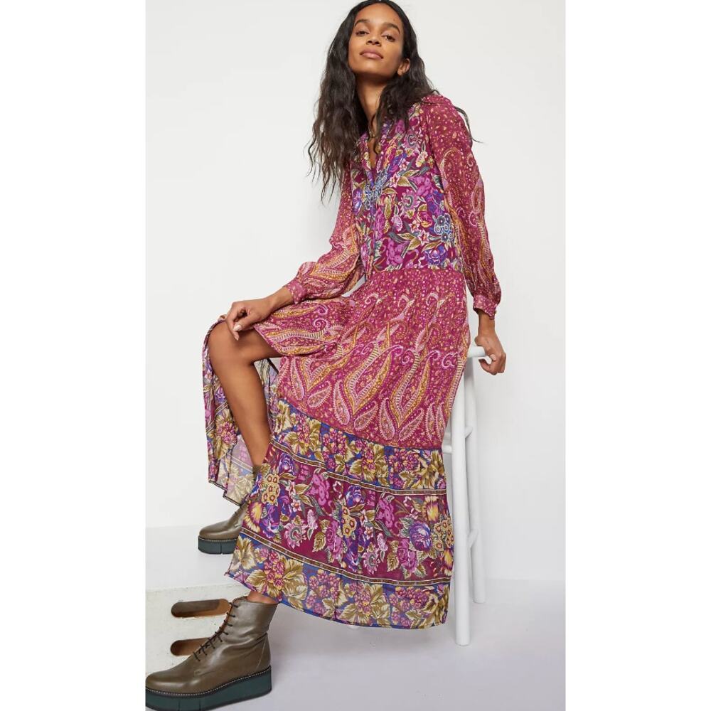 Anthropologie Nikole Maxi Long Paisley Pink Oversized dress. Xsmall Petite